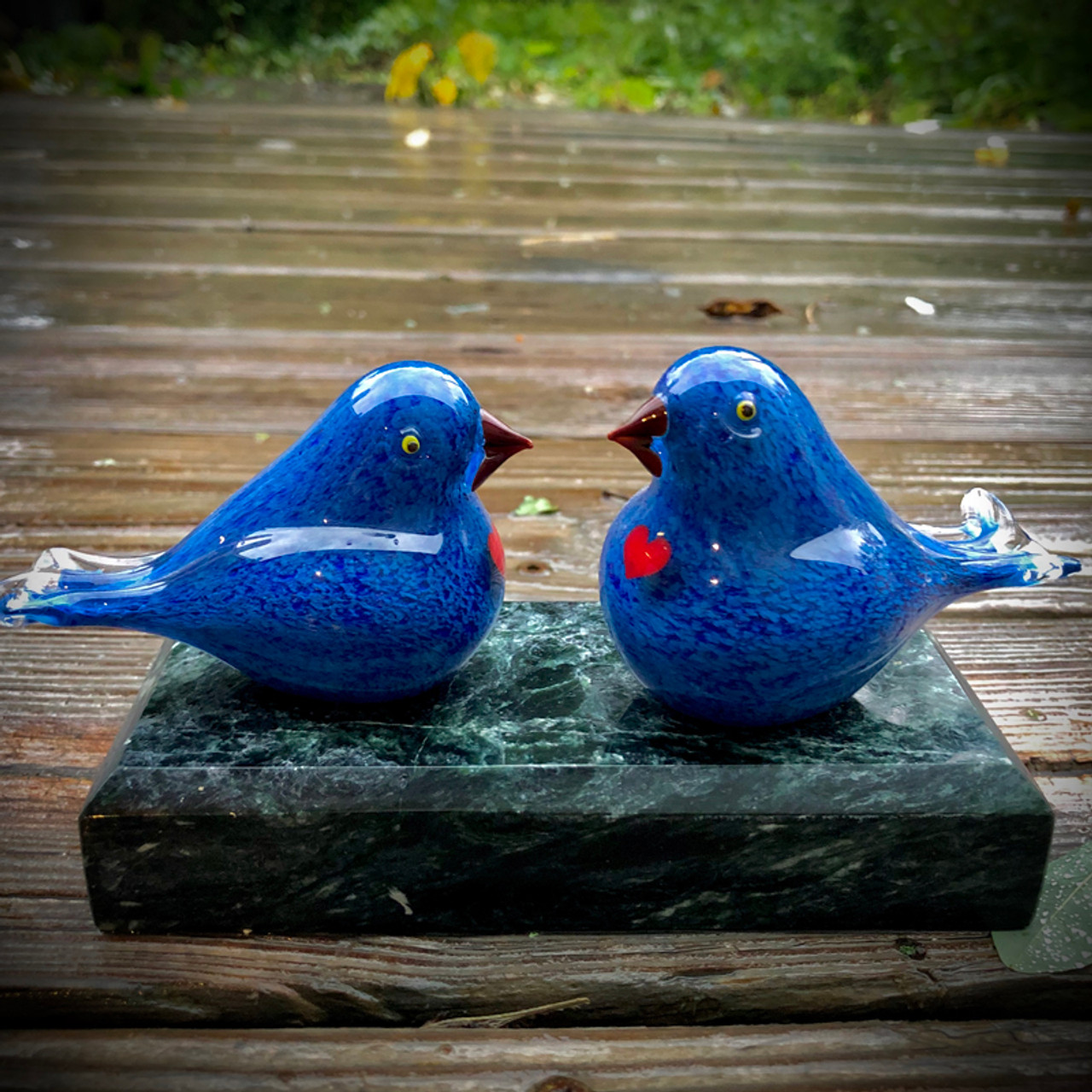 Blue Glass birds, Glass lovebirds, Glass bird figurine.