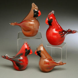 small pair of handblown glass cardinal figurines (shown below on bottom, below Adults); one small red male cardinal & one small brown female cardinal, with torchwork eyes and beak, each approximately 2" tall x 2.5 " long (beak to tail)