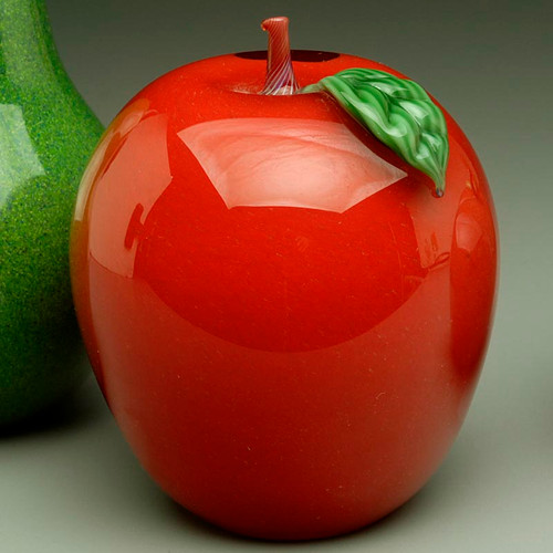Red Glass Apple, glass fruit sculpture, solid glass paperweight, 3-4"