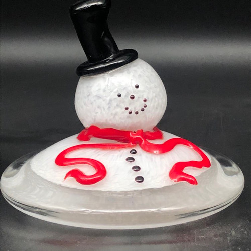 hand blown Glass Melted Snowman figurine / sculpture paperweight, featured with black top hat and red scarf. 4" round. Also available with ear muffs --indicate preference in Order Notes at checkout