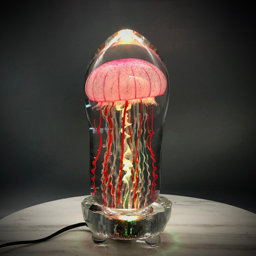 handblown glass jellyfish sculpture, Pink Bell Jellyfish, displayed on a color changing LED illuminating crystal light base , handmade in Chris's Vermont glassblowing studio. Gorgeous at night, or in dark area in your home.