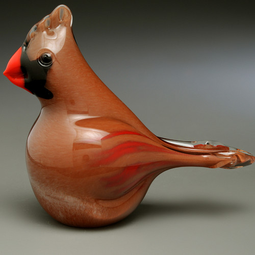 Glass Cardinal, female, hand-sculpted glass bird, made by Vermont glass artisan Chris Sherwin