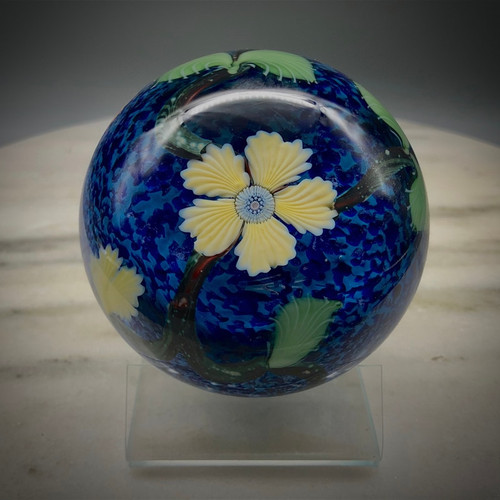 Blossom orb Paperweight, over pastel blue with cobalt frit muslin background