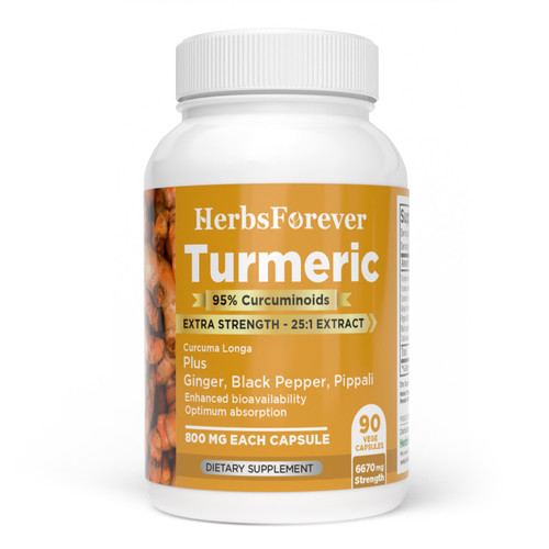 Turmeric Capsules – Curcuma longa - 95% Curcumin with Ginger, Pippali, Black Pepper and Tulsi - 90 Vege Capsules - 800 mg each