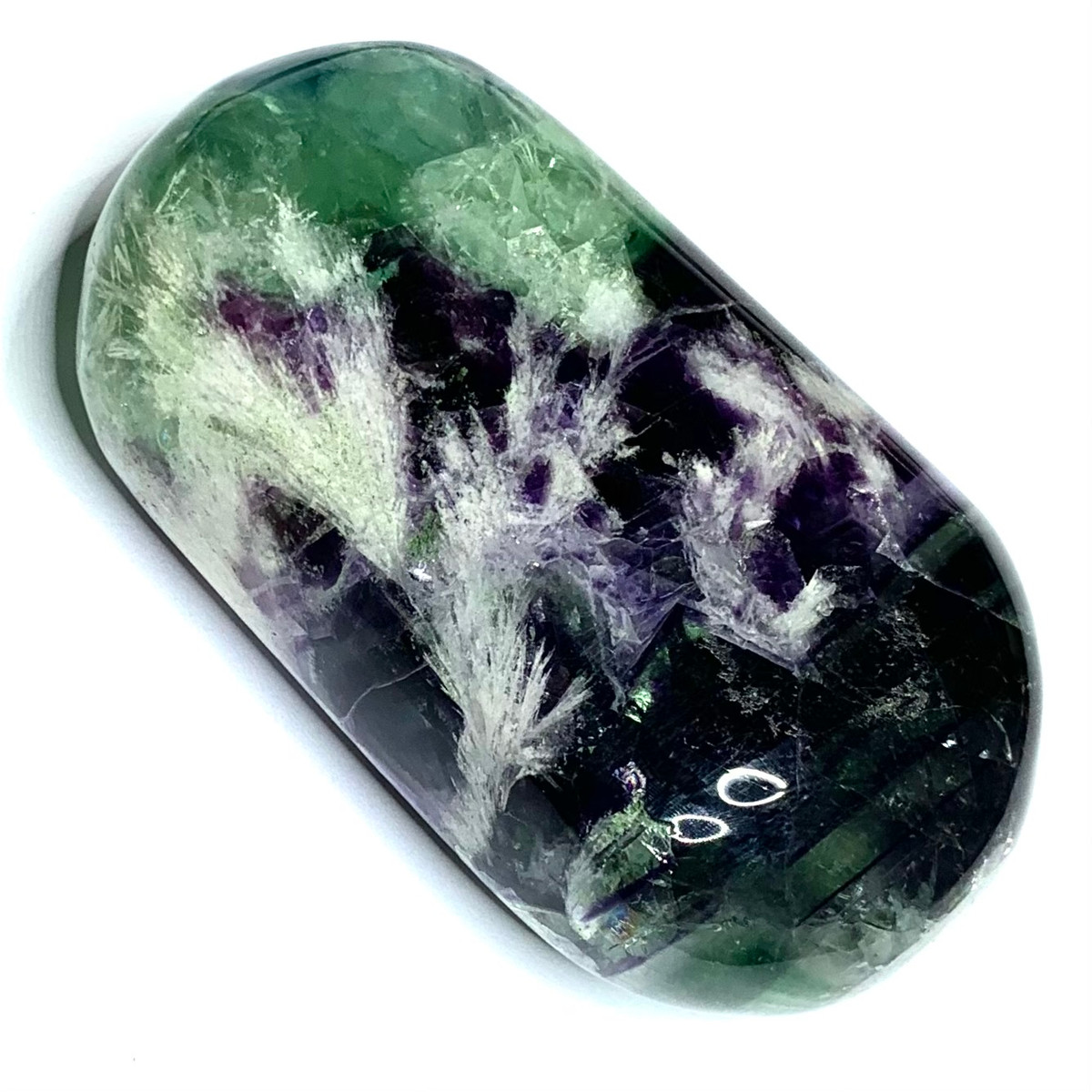 One of a Kind Feather Fluorite Palm Stone-2 3/4 x 1 1/2" (NC4460)
