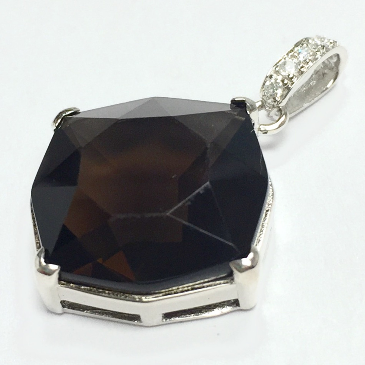 Faceted Smokey Quartz Octagon Pendant with Sterling & CZ Bail
