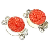 Sterling Silver with Vintage Coral Glass German Clover Cabochon Double Strand Clasp Lots-2 Per Lot-16mm