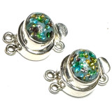 Sterling Silver with Vintage Glass West German Turquoise Confetti Cabochon Double Strand Clasp Lots-2 Per Lot-15 x 12mm