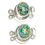 Sterling Silver with Vintage Glass West German Turquoise Confetti Cabochon Double Strand Clasp Lots-2 Per Lot-15 x 12mm