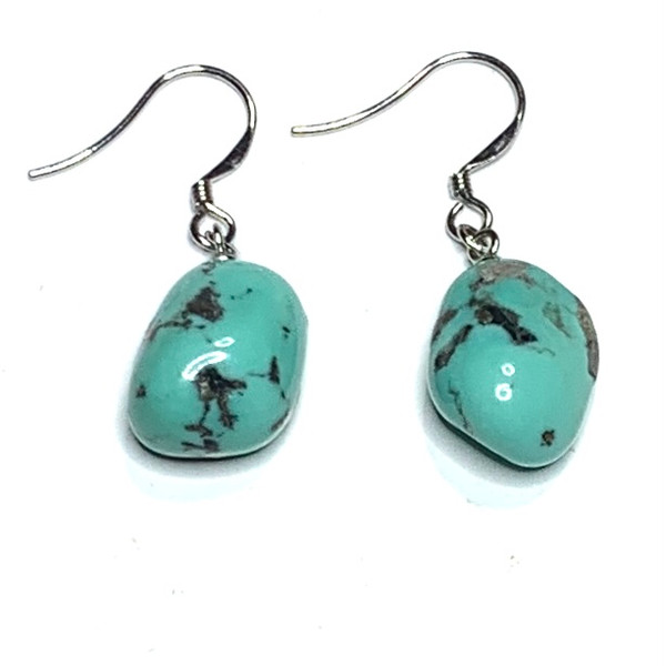 Turquoise Tumbled Stone and Sterling Silver Dangle Earrings-AB+ Grade-15mm avg. (SP3347)