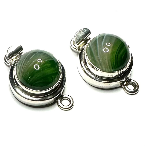 Sterling Silver Clasps Set with Vintage German Green Marbled Cabochons-Set of 2-18mm
