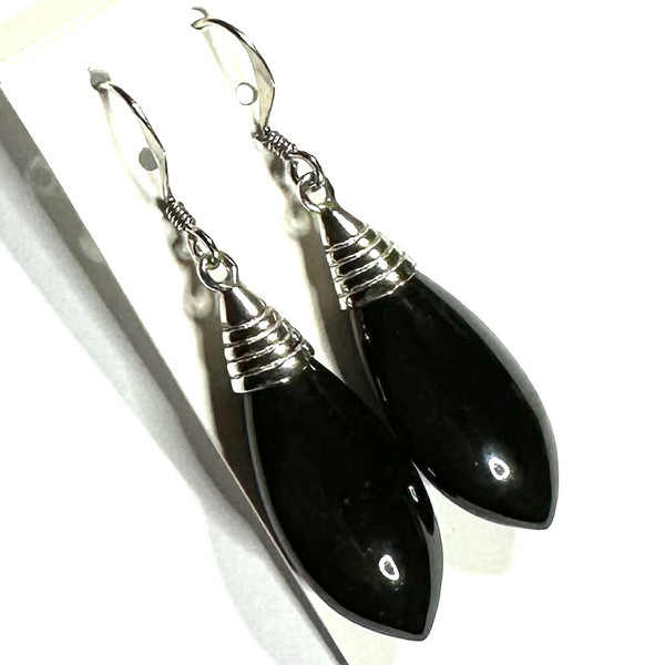 Black Spinel and Sterling Silver Dangle Earrings-A+ Grade-25 x 12 x 8mm