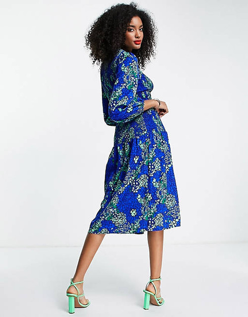 Dressed shirred midaxi dress in blue leopard print