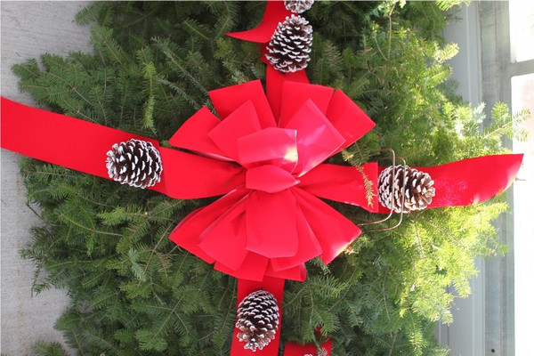 Live Greens Grave Blanket - 4.5' Long with Red Bow and Pine cones