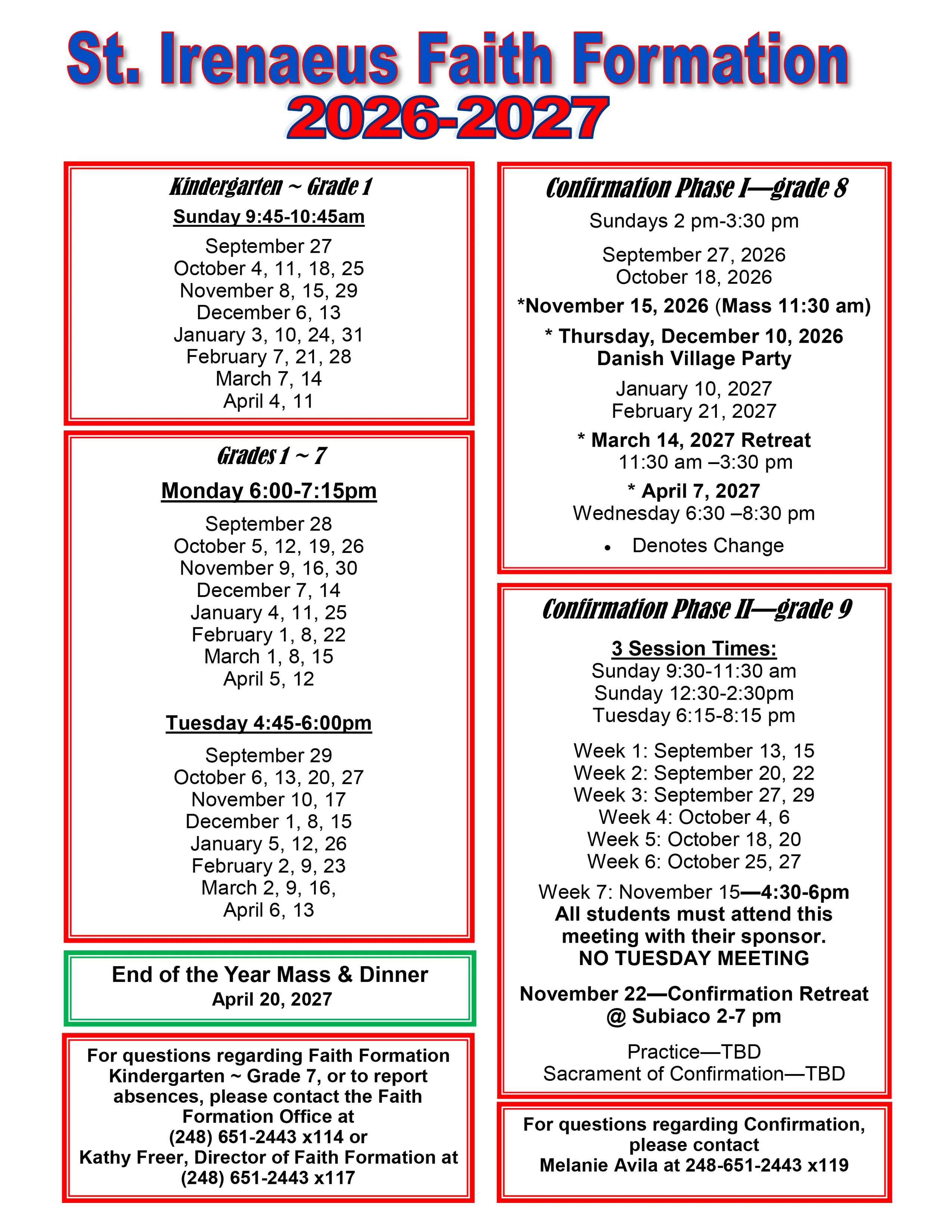 Faith Formation Schedule 2026-2027