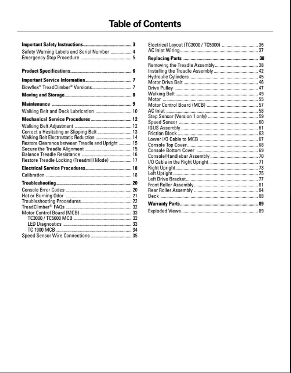 BowFlex Treadclimber Service Manual TC1000 3000 5000