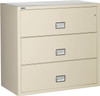 Putty-colored Phoenix 3-Drawer Lateral File Cabinet, 44 inches wide, 1-hour fireproof, with secure lock and spacious drawer handles for easy access.