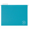 Teal hanging file folder with a white tab for labeling and a circular imprint stating 'Made with plant based materials'