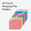 12 Count, Hanging File Folders in assorted colors including green, teal, purple, orange, pink, and light green, neatly arranged in a row with white tabs for labeling