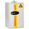 Three-quarter front left view of Phoenix Safe Battery Commander BSS6002 lithium-ion battery-charging safe, white cabinet with key lock and 1.5-hour fire rating.