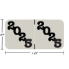 Neutral gray POS POYM-25 wraparound year label with bold black “2025” printed diagonally on both halves. Overall size 3/4 inch high by 1-1/2 inches wide; a center mark shows the fold for end- or top-tab folders. Polylaminate protects against smudges, moisture, and edge wear.