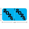 Bright blue POS POYM-24 wraparound year label with bold black “2024” printed diagonally on both halves. Overall size 3/4 inch high by 1-1/2 inches wide; a center guide marks the fold for end- or top-tab folders. Polylaminate protects against smears, moisture, and edge wear.