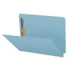 Blue letter size end tab pressboard classification folder with bonded fasteners and 2 inch Tyvek expansion, angled view
