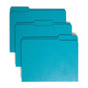 Teal letter-size file folders with 1/3-cut reinforced top tabs in assorted positions, shown in a stacked arrangement, Smead standard 11 pt stock.