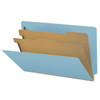 Blue legal-size end tab pressboard classification folder with two 17pt manila dividers and 2-inch expansion, open to show six filing sections and straight-cut end tab.