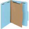 Open blue top tab classification folder with one interior divider and K-style fasteners installed on all filing surfaces