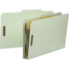 Gray and green Smead legal size classification folder with one divider and metal fasteners on interior panels