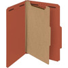 Red legal-size pressboard classification folder with one interior divider and metal fasteners, open to show filing surfaces