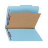 Blue letter-size Smead SafeSHIELD pressboard classification folder open, showing one interior divider, SafeSHIELD coated fasteners, and top tab design