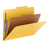 Yellow letter-size Smead 13734 SafeSHIELD pressboard classification folder open, showing one interior divider, SafeSHIELD coated fasteners, and top tab design