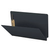 Black legal size end tab fastener folder open angle view showing front panel and bonded fastener