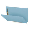 Blue pressboard fastener folder angled open view showing expansion and document capacity