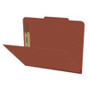Front view of red letter size top tab pressboard classification folder with russet brown Tyvek expansion