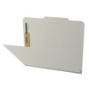 Low angled view of gray pressboard top tab classification folder showing front panel, top tab, and bonded fastener