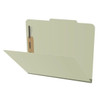 Gray green pressboard top tab classification folder opened to show interior with two bonded fasteners and no divider
