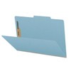 Blue legal size top tab classification folder opened to show interior with two bonded fasteners and no divider