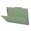 Green legal size top tab classification folder opened to show interior with two bonded fasteners and no divider