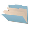 Side angle view of an open blue letter size top tab classification folder showing three manila dividers and expanding filing sections.