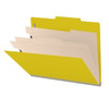 Side angle view of an open green letter size top tab classification folder showing three manila dividers and expanding filing sections.