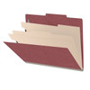 Side angle view of an open dark red letter size top tab classification folder showing three manila dividers and expanding filing sections.