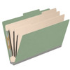 Angled view of a green legal size top tab classification folder with three manila dividers and 3-inch gray Tyvek expansion.