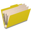 Angled view of a yellow legal size top tab classification folder with three manila dividers and 3-inch gray Tyvek expansion.