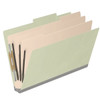 Angled view of a gray/green legal size top tab classification folder with three manila dividers and 3-inch gray Tyvek expansion.