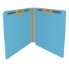 Blue 18pt end tab Econo pressboard folder open to show two bonded fasteners and no interior dividers.