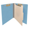 Blue end tab classification folder opened to show one manila divider, 2 inch gray Tyvek expansion, and fasteners on the inside front, inside back, and divider.