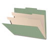 Green letter size top tab classification folder open to show two manila dividers and fasteners